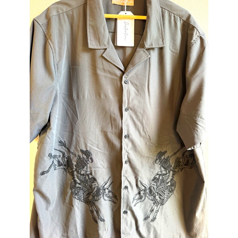 Distortion Mens 2XL Gray Polyester Short Sleeve Button Up Embroidered Skeleton